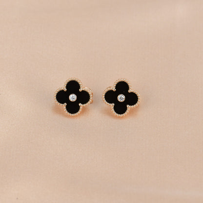 [Lumi Jewellery]CLOVER MEDIUM 1 MOTIFS ONYX DIAMOND EARRINGS