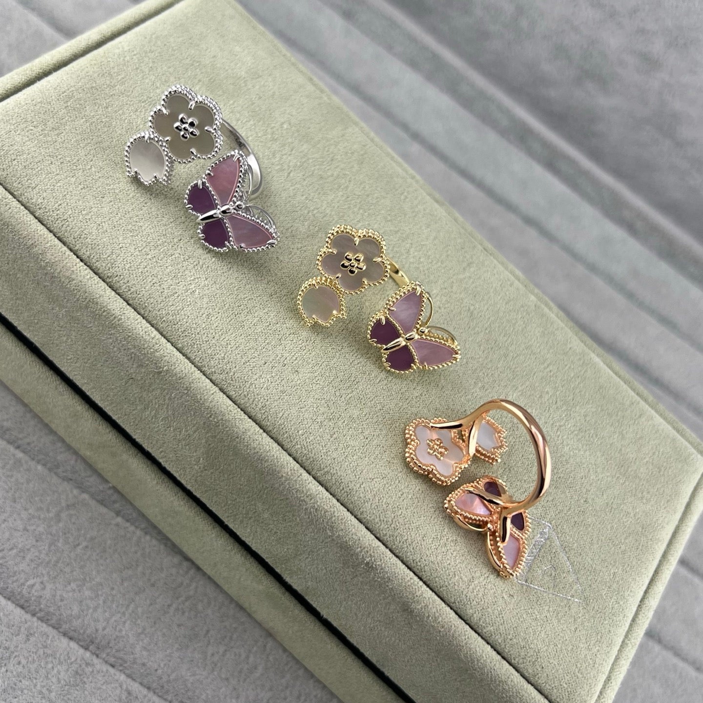 [Lumi Jewellery]Purple Mother-of-Pearl Butterfly & Flower Open Ring