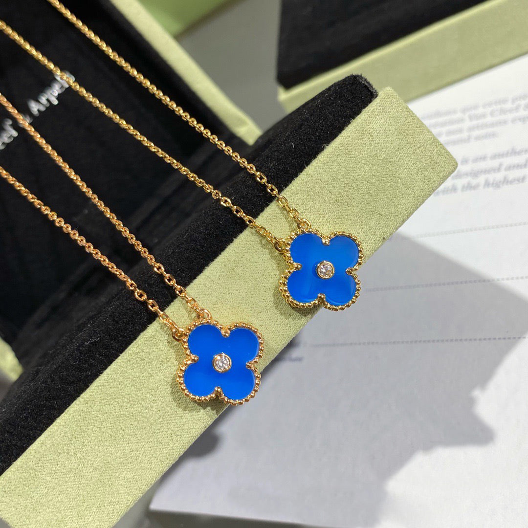 [Lumi Jewellery]CLOVER 15MM DIAMOND AND BLUE AGATE NECKLACE