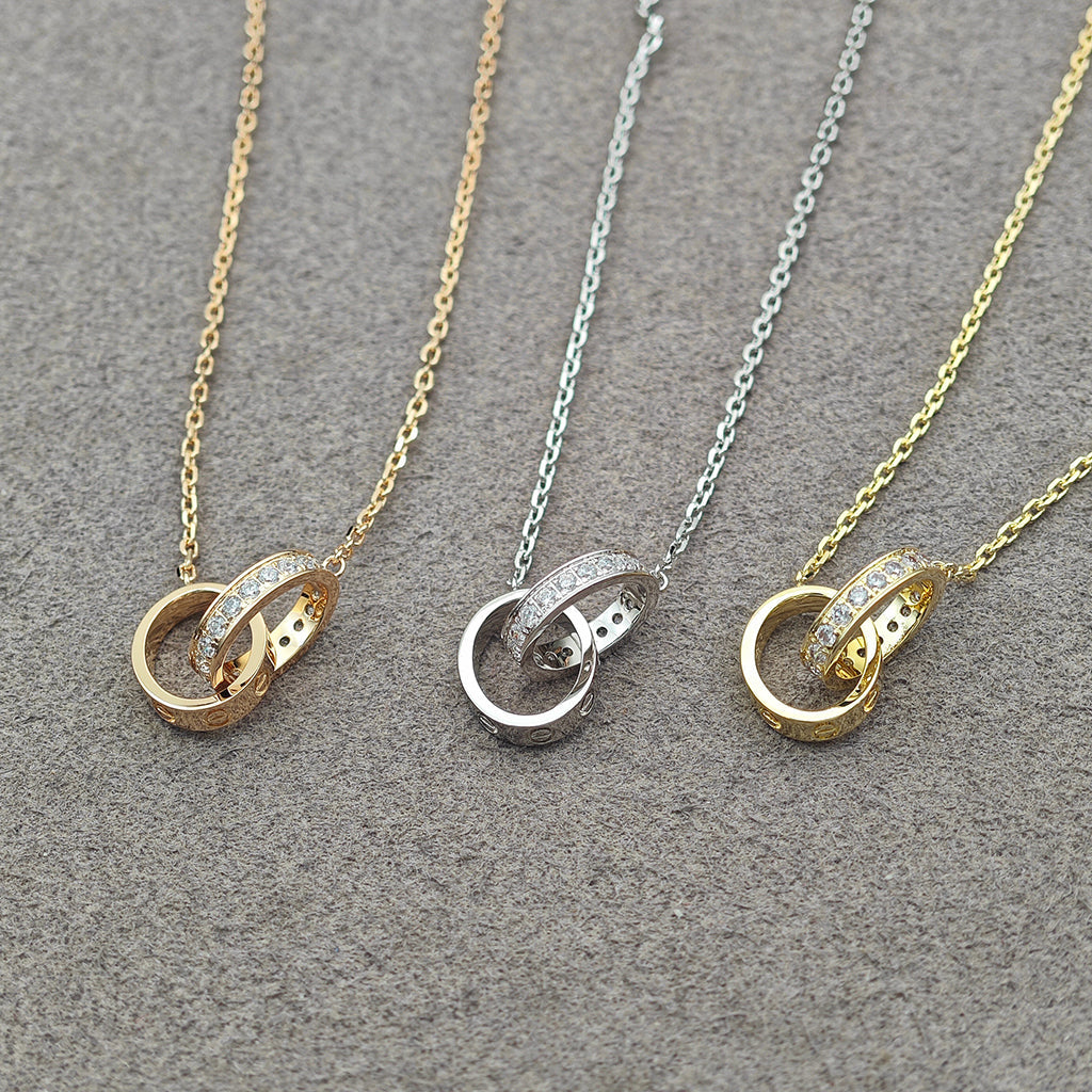 [Lumi Jewelery]LOVE DOUBLE RING HALF DIAMOND NECKLACE