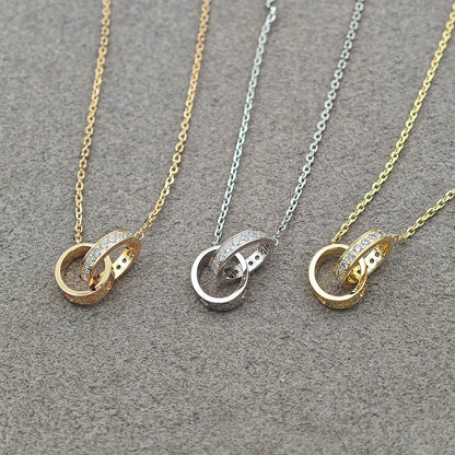 [Lumi Jewelery]LOVE DOUBLE RING HALF DIAMOND NECKLACE
