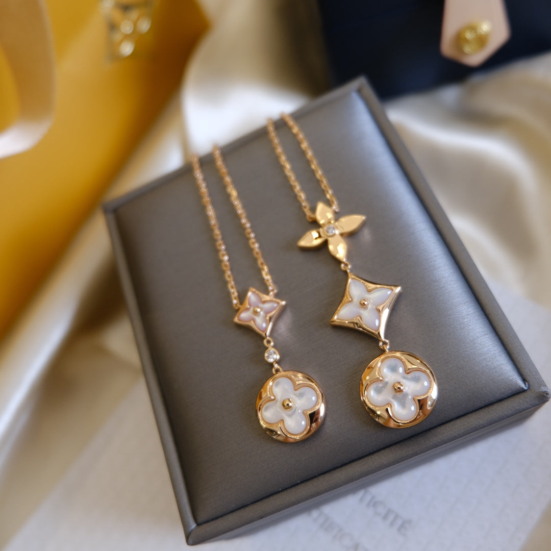 [Lumi Jewellery]COLOR BLOSSOM LARIAT NECKLACE PINK GOLD WHITE MOTHER PEARL AND DIAMOND