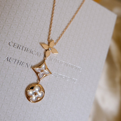 [Lumi Jewellery]COLOR BLOSSOM LARIAT NECKLACE PINK GOLD WHITE MOTHER PEARL AND DIAMOND