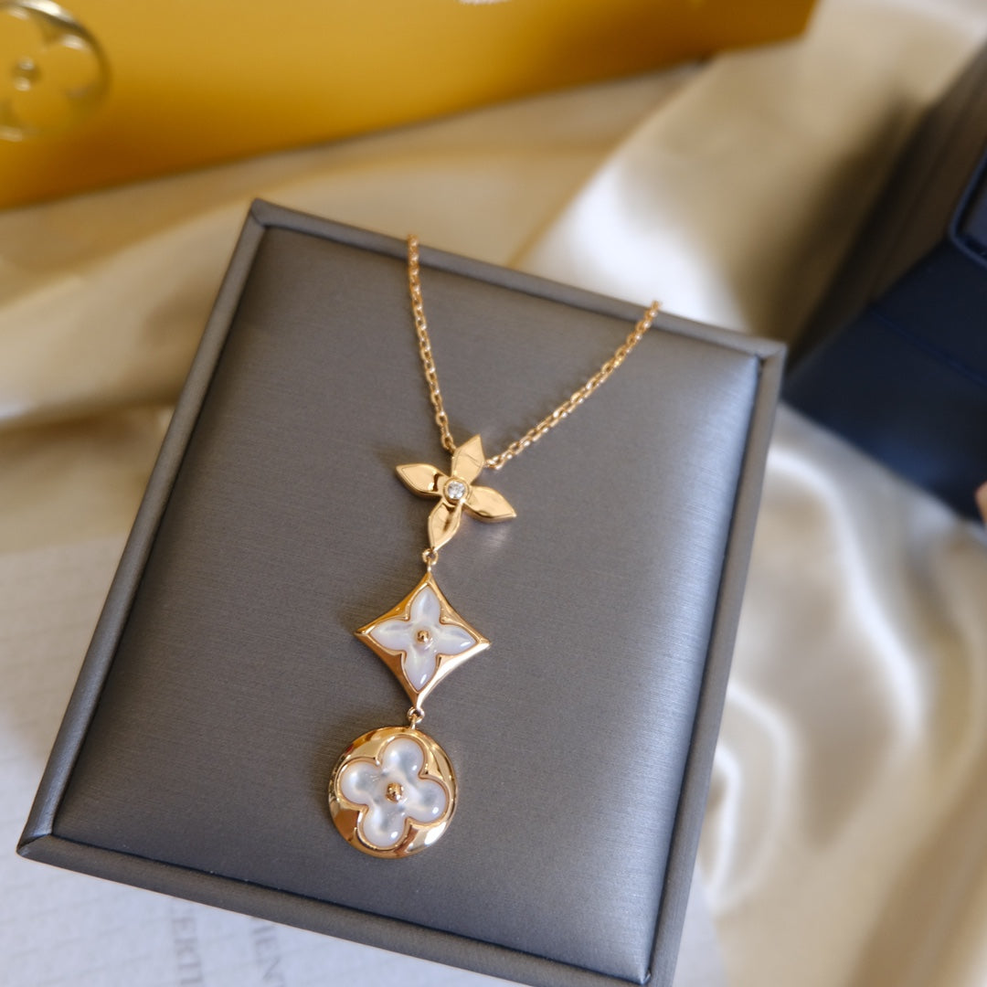 [Lumi Jewellery]COLOR BLOSSOM LARIAT NECKLACE PINK GOLD WHITE MOTHER PEARL AND DIAMOND