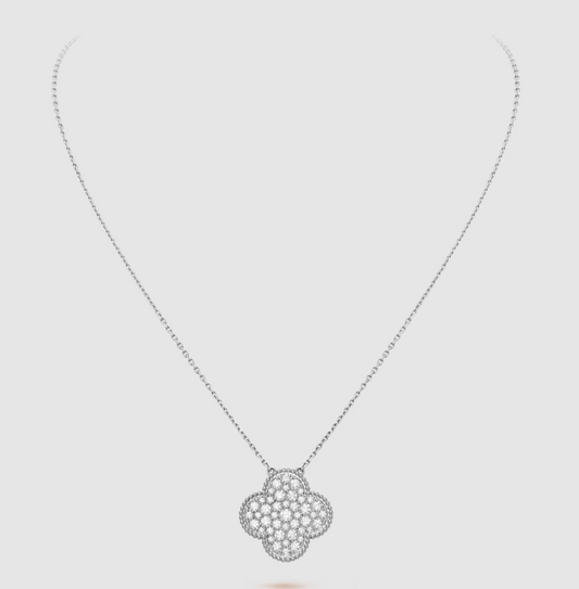 [Lumi Jewellery]CLOVER 25MM LARGE PENDANT DIAMOND PAVED SILVER NECKLACE