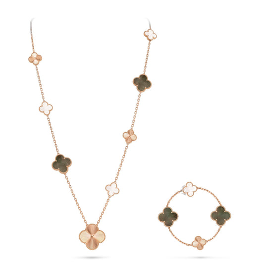 [Lumi Jewellery]DETACHABLE CLOVER 15(11+4) FLOWER ROSE GOLD NECKLACE SET
