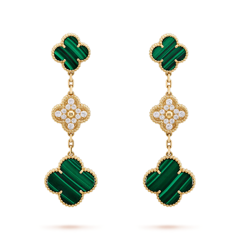 [Lumi Jewellery]CLOVER EARRINGS GOLD MALACHITE DIAMOND 3 MOTIF