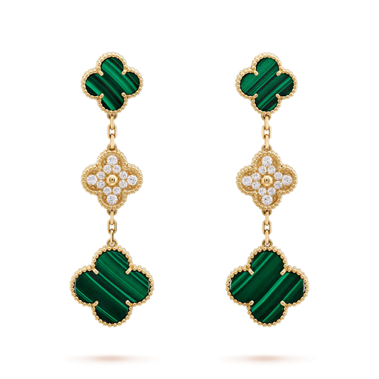 [Lumi Jewellery]CLOVER EARRINGS GOLD MALACHITE DIAMOND 3 MOTIF
