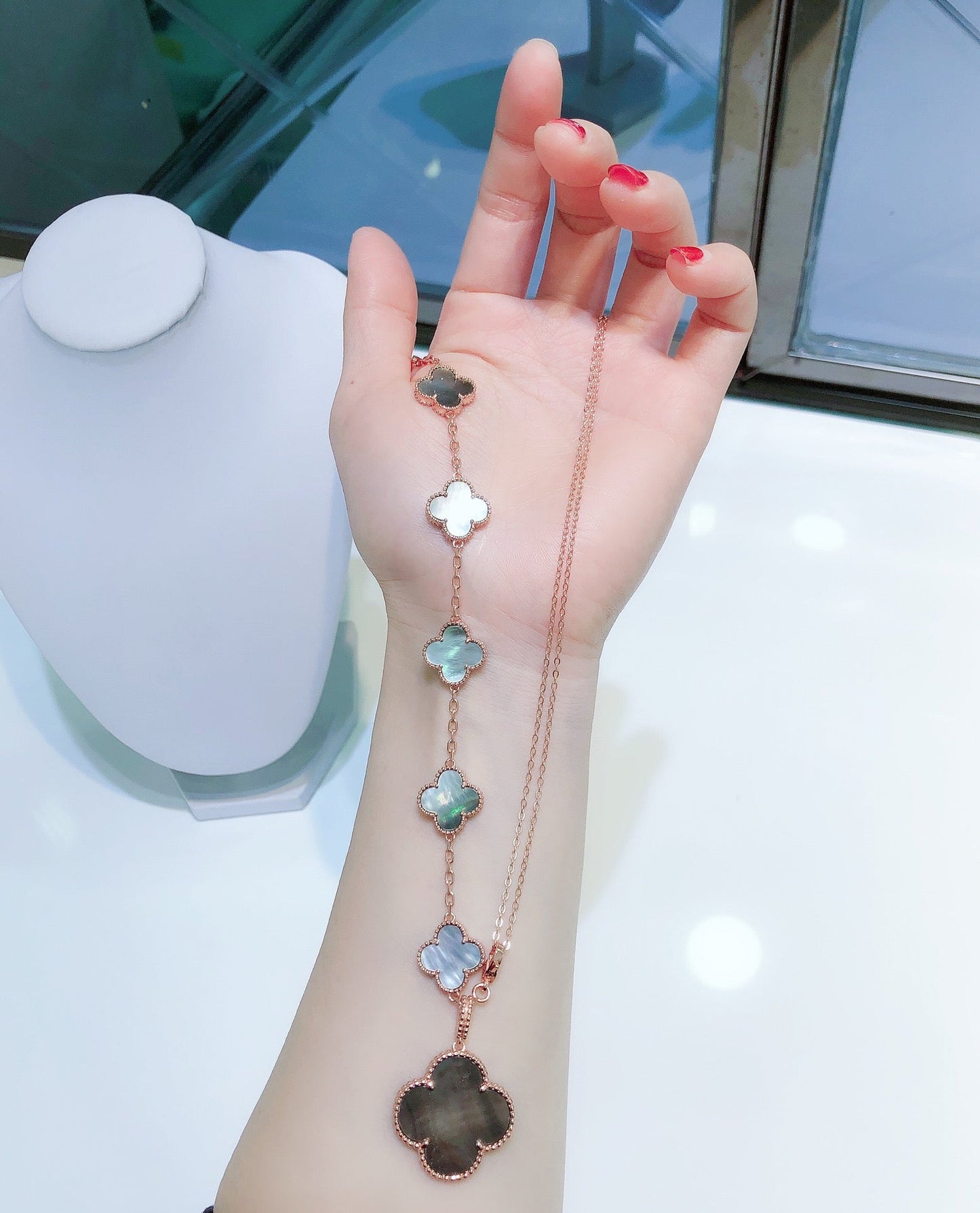 [Lumi Jewellery]COMBINED BRACELET 5 MOTIFS AND NECKLACE DARK MOP ROSE GOLD