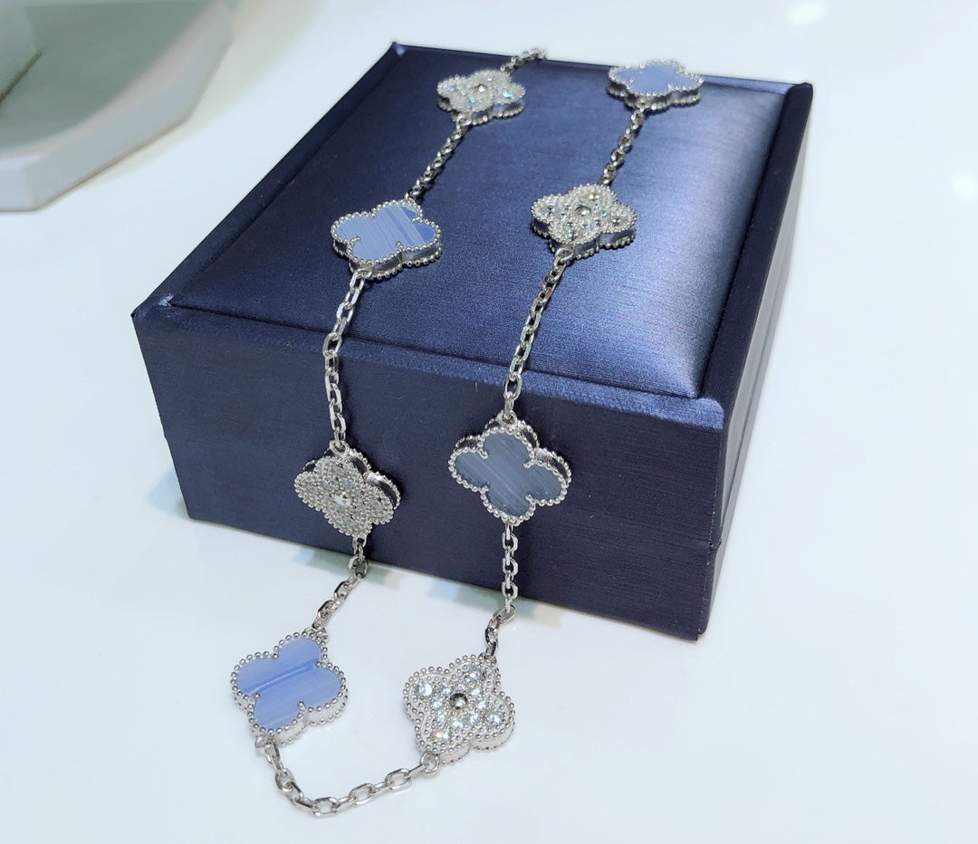 [Lumi Jewellery]CLOVER 10 MOTIFS CHALCEDONY DIAMONDS SILVER NECKLACE