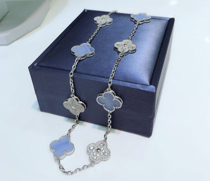 [Lumi Jewellery]CLOVER 10 MOTIFS CHALCEDONY DIAMONDS SILVER NECKLACE