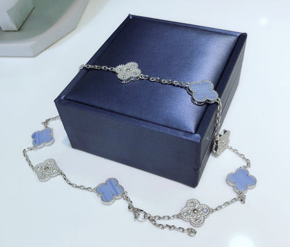 [Lumi Jewellery]CLOVER 10 MOTIFS CHALCEDONY DIAMONDS SILVER NECKLACE