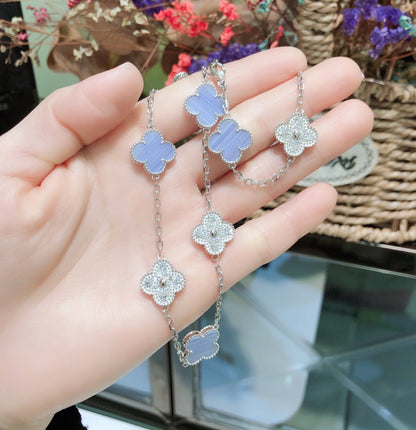[Lumi Jewellery]CLOVER 10 MOTIFS CHALCEDONY DIAMONDS SILVER NECKLACE
