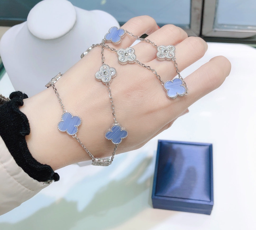 [Lumi Jewellery]CLOVER 10 MOTIFS CHALCEDONY DIAMONDS SILVER NECKLACE