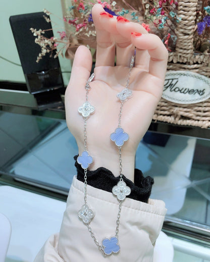 [Lumi Jewellery]CLOVER 10 MOTIFS CHALCEDONY DIAMONDS SILVER NECKLACE
